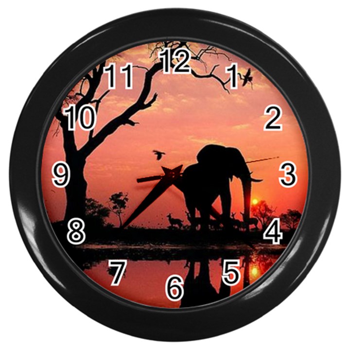 Elephant Landscape Tree Africa Sunset Safari Wild Wall Clock (Black)