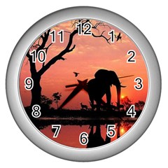 Elephant Landscape Tree Africa Sunset Safari Wild Wall Clock (silver) by Jatiart