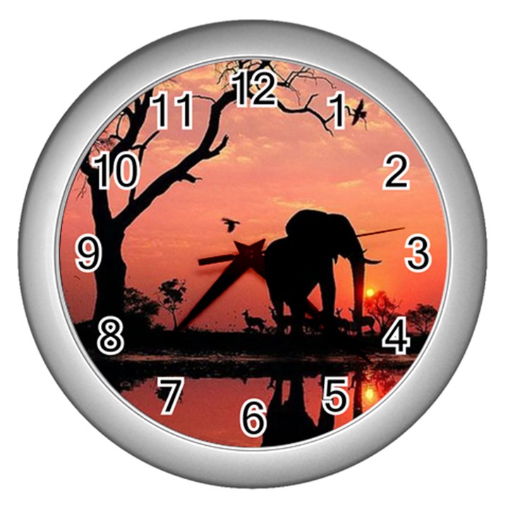 Elephant Landscape Tree Africa Sunset Safari Wild Wall Clock (Silver)