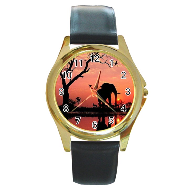 Elephant Landscape Tree Africa Sunset Safari Wild Round Gold Metal Watch