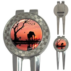 Elephant Landscape Tree Africa Sunset Safari Wild 3-in-1 Golf Divots by Jatiart