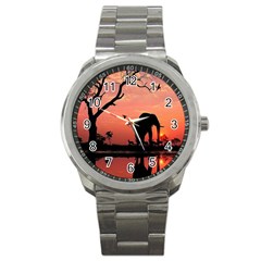 Elephant Landscape Tree Africa Sunset Safari Wild Sport Metal Watch by Jatiart