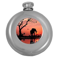 Elephant Landscape Tree Africa Sunset Safari Wild Round Hip Flask (5 Oz) by Jatiart