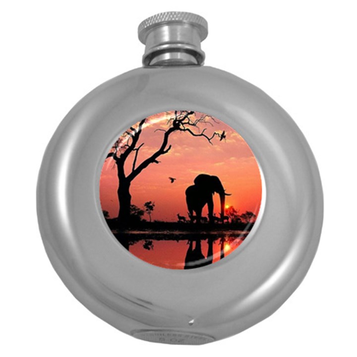 Elephant Landscape Tree Africa Sunset Safari Wild Round Hip Flask (5 oz)