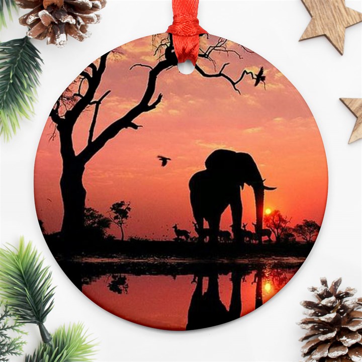 Elephant Landscape Tree Africa Sunset Safari Wild Round Ornament (Two Sides)