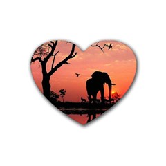 Elephant Landscape Tree Africa Sunset Safari Wild Rubber Heart Coaster (4 Pack) by Jatiart