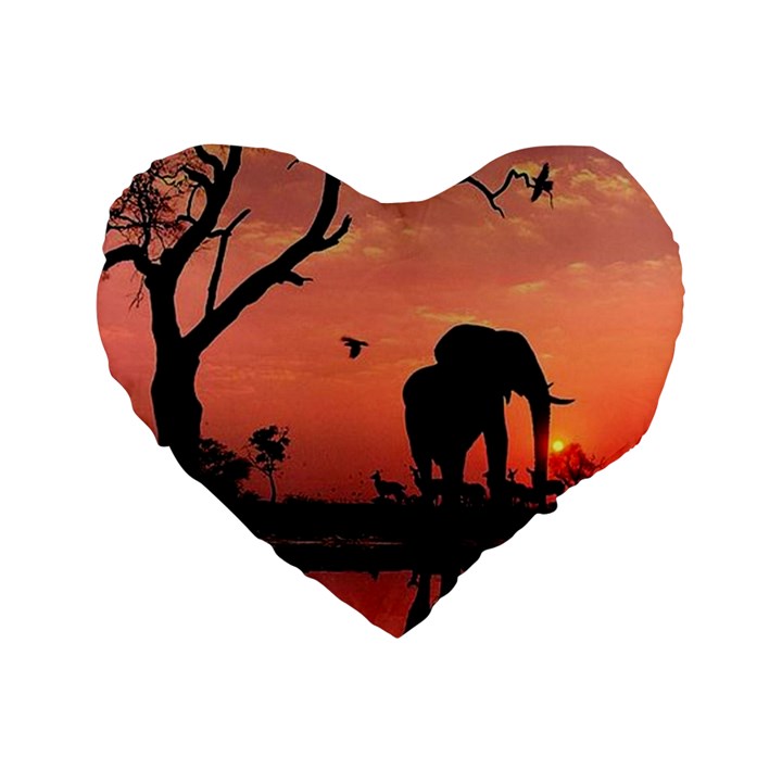 Elephant Landscape Tree Africa Sunset Safari Wild Standard 16  Premium Heart Shape Cushions