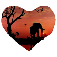 Elephant Landscape Tree Africa Sunset Safari Wild Large 19  Premium Heart Shape Cushions by Jatiart