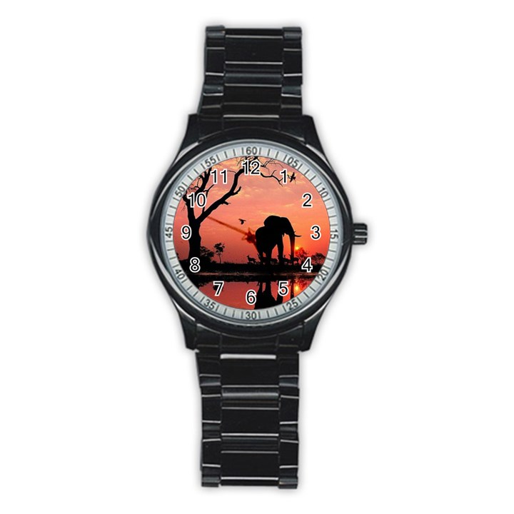 Elephant Landscape Tree Africa Sunset Safari Wild Stainless Steel Round Watch