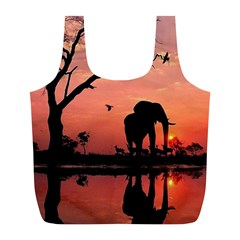 Elephant Landscape Tree Africa Sunset Safari Wild Full Print Recycle Bag (l) by Jatiart