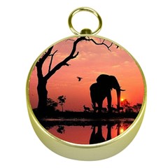 Elephant Landscape Tree Africa Sunset Safari Wild Gold Compasses by Jatiart