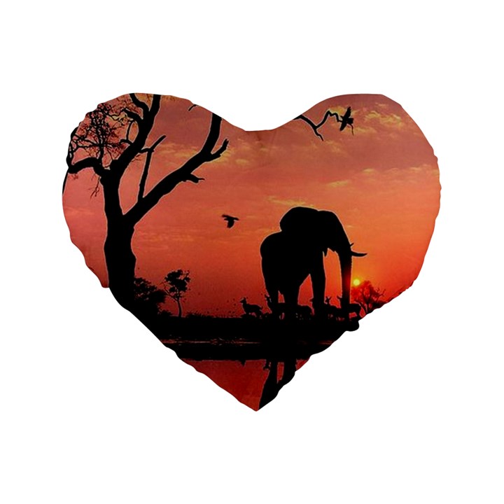 Elephant Landscape Tree Africa Sunset Safari Wild Standard 16  Premium Flano Heart Shape Cushions