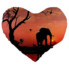 Elephant Landscape Tree Africa Sunset Safari Wild Large 19  Premium Flano Heart Shape Cushions by Jatiart