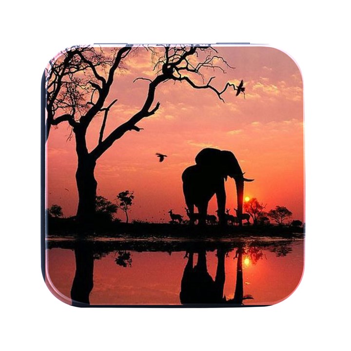 Elephant Landscape Tree Africa Sunset Safari Wild Square Metal Box (Black)