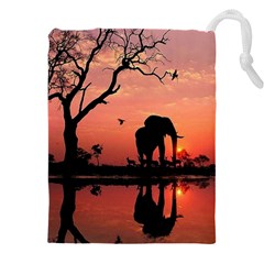 Elephant Landscape Tree Africa Sunset Safari Wild Drawstring Pouch (5xl) by Jatiart