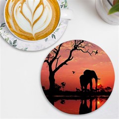 Elephant Landscape Tree Africa Sunset Safari Wild Uv Print Round Tile Coaster by Jatiart