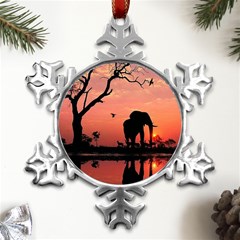 Elephant Landscape Tree Africa Sunset Safari Wild Metal Small Snowflake Ornament by Jatiart