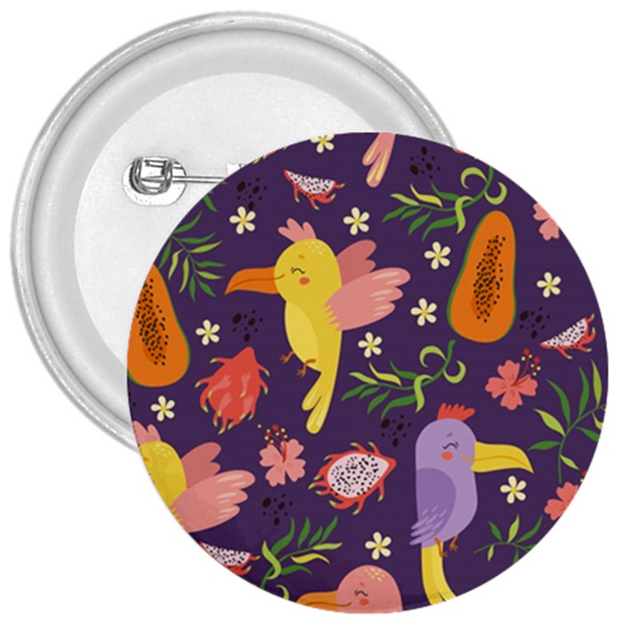 Exotic Seamless Pattern With Parrots Fruits 3  Buttons