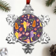 Exotic Seamless Pattern With Parrots Fruits Metal Small Snowflake Ornament by Ravend