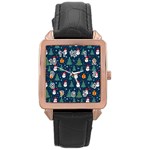 Snow Snowman Tree Christmas Tree Rose Gold Leather Watch  Front