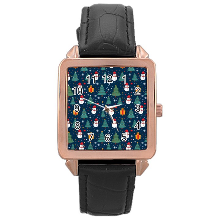 Snow Snowman Tree Christmas Tree Rose Gold Leather Watch 