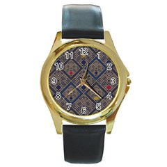 Pattern Floral Leaves Round Gold Metal Watch by Ravend