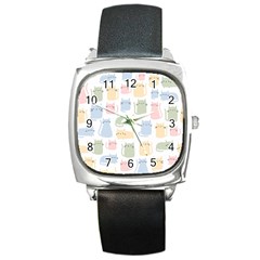 Cute Cat Colorful Cartoon Doodle Seamless Pattern Square Metal Watch by Ravend