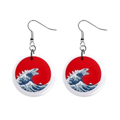 The Great Wave Of Kaiju Mini Button Earrings by Cendanart