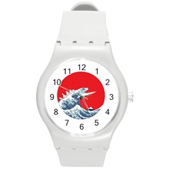 The Great Wave Of Kaiju Round Plastic Sport Watch (m) by Cendanart