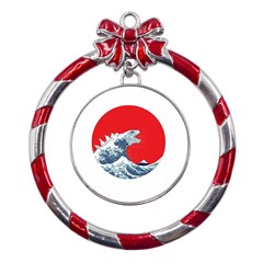 The Great Wave Of Kaiju Metal Red Ribbon Round Ornament by Cendanart