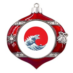 The Great Wave Of Kaiju Metal Snowflake And Bell Red Ornament by Cendanart