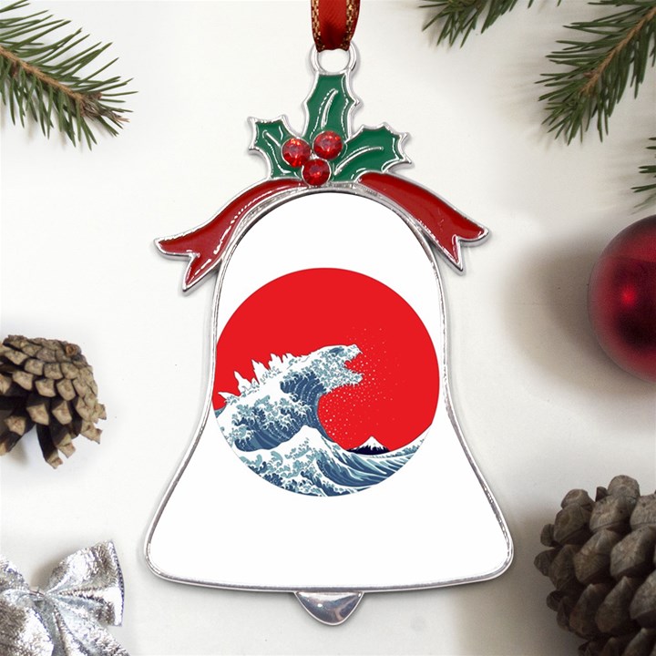 The Great Wave Of Kaiju Metal Holly Leaf Bell Ornament