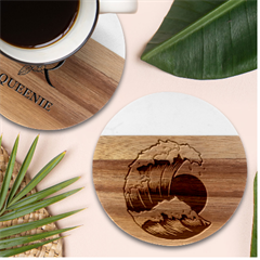 Japanese Sun & Wave Marble Wood Coaster (round) by Cendanart