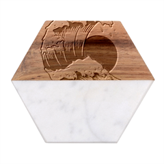 Japanese Sun & Wave Marble Wood Coaster (hexagon)  by Cendanart