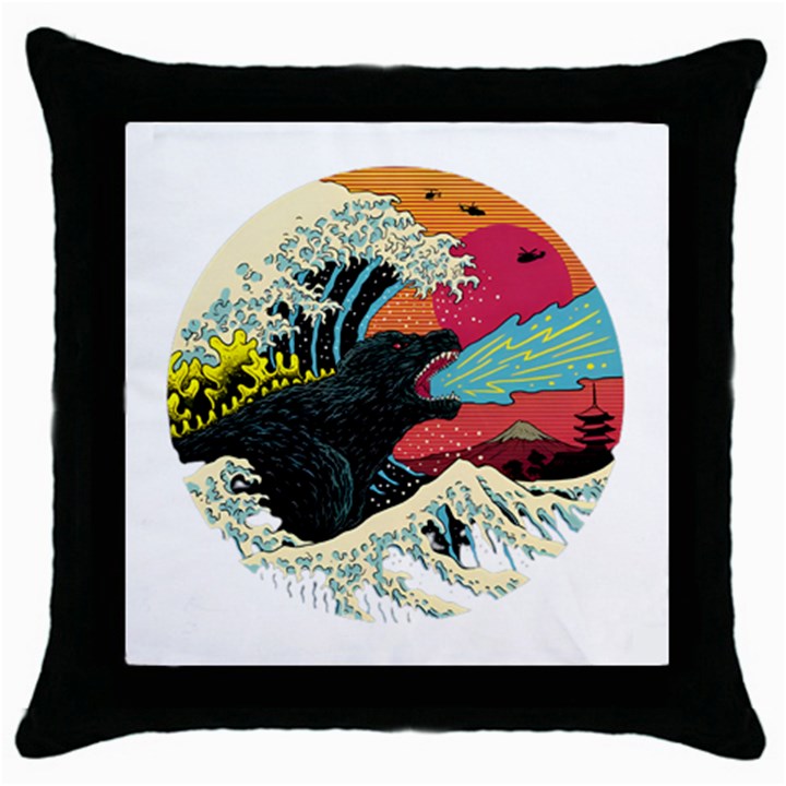 Retro Wave Kaiju Godzilla Japanese Pop Art Style Throw Pillow Case (Black)