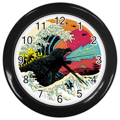 Retro Wave Kaiju Godzilla Japanese Pop Art Style Wall Clock (black) by Cendanart