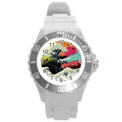 Retro Wave Kaiju Godzilla Japanese Pop Art Style Round Plastic Sport Watch (l) by Cendanart