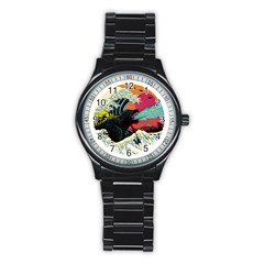 Retro Wave Kaiju Godzilla Japanese Pop Art Style Stainless Steel Round Watch by Cendanart