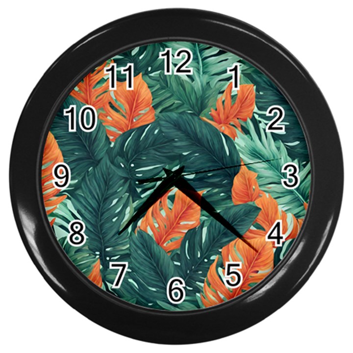 Green Tropical Leaves Wall Clock (Black)