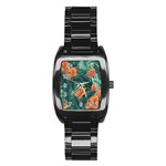 Green Tropical Leaves Stainless Steel Barrel Watch Front