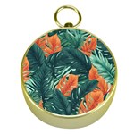 Green Tropical Leaves Gold Compasses Front