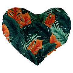 Green Tropical Leaves Large 19  Premium Flano Heart Shape Cushions by Jack14