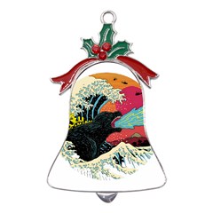 Retro Wave Kaiju Godzilla Japanese Pop Art Style Metal Holly Leaf Bell Ornament by Cendanart