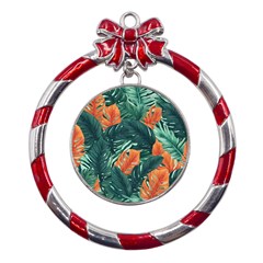 Green Tropical Leaves Metal Red Ribbon Round Ornament by Jack14