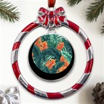 Green Tropical Leaves Metal Red Ribbon Round Ornament Front