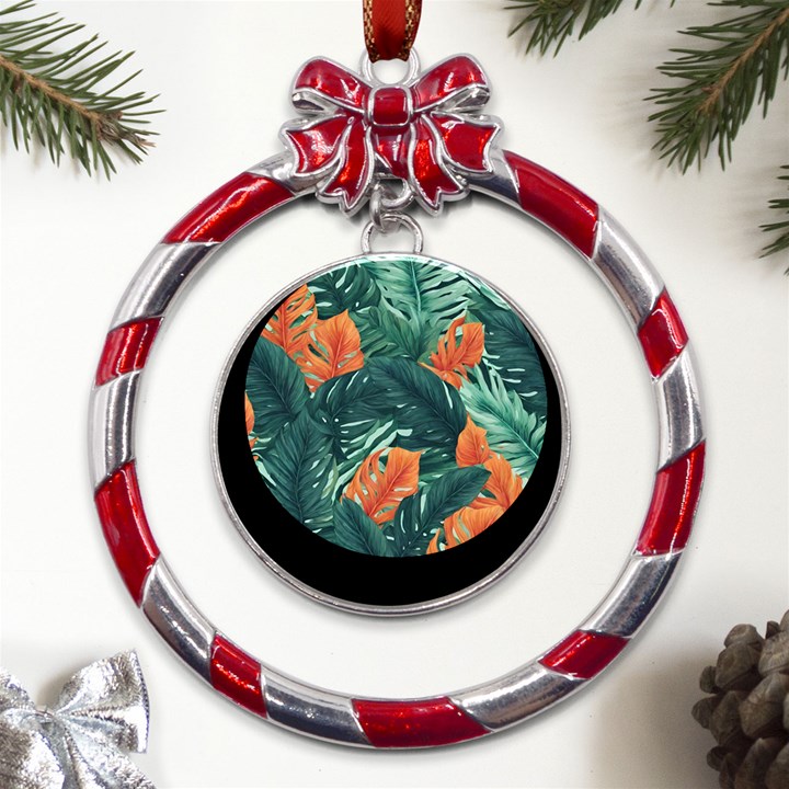 Green Tropical Leaves Metal Red Ribbon Round Ornament