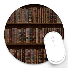 Old Bookshelf Orderly Antique Books Round Mousepad by Cendanart