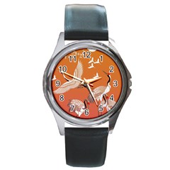 Japanese Crane Painting Of Birds Round Metal Watch by Cendanart