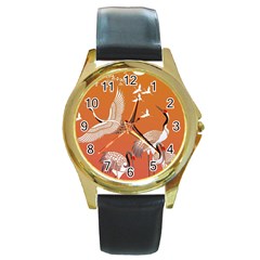 Japanese Crane Painting Of Birds Round Gold Metal Watch by Cendanart