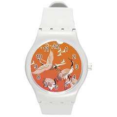 Japanese Crane Painting Of Birds Round Plastic Sport Watch (m) by Cendanart